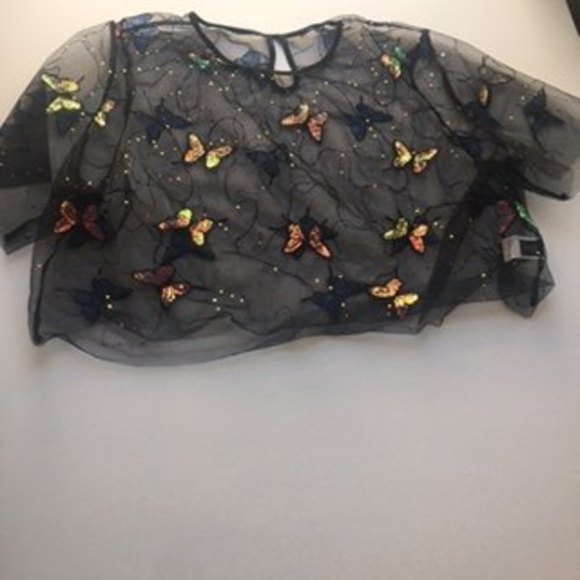 Shein black mesh crop top, sz 4xL, sequin butterflies - Picture 3 of 4